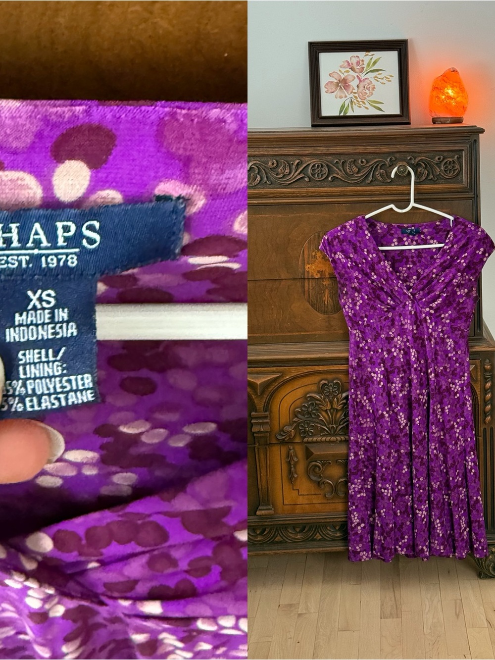 Chaps Purple Floral V-Neck Fit & Flare Dress
